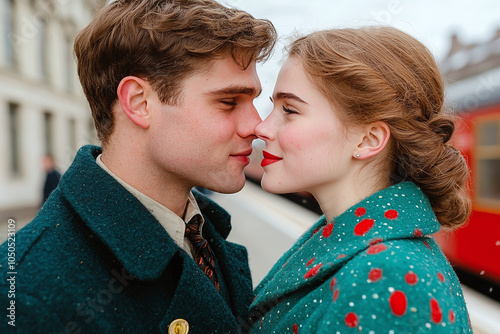 emotional wartime goodbye kiss at train station, 1940s period clothing, documentary style 