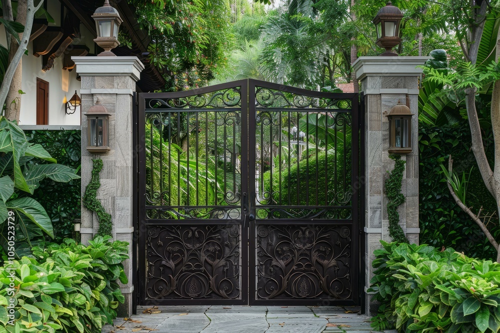 Elegant wrought iron gate is opening onto a lush green garden path ...
