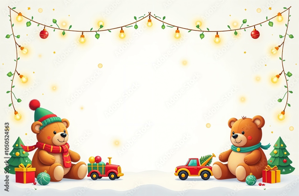 Obraz premium frame for text made from colourful kids toys, teddy bears, toy cars, balls, cubes, with golden garland lights