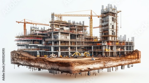 3d Building construction site with cranes, scaffolding, and scattered building materials, floating ground, isolated on a white background