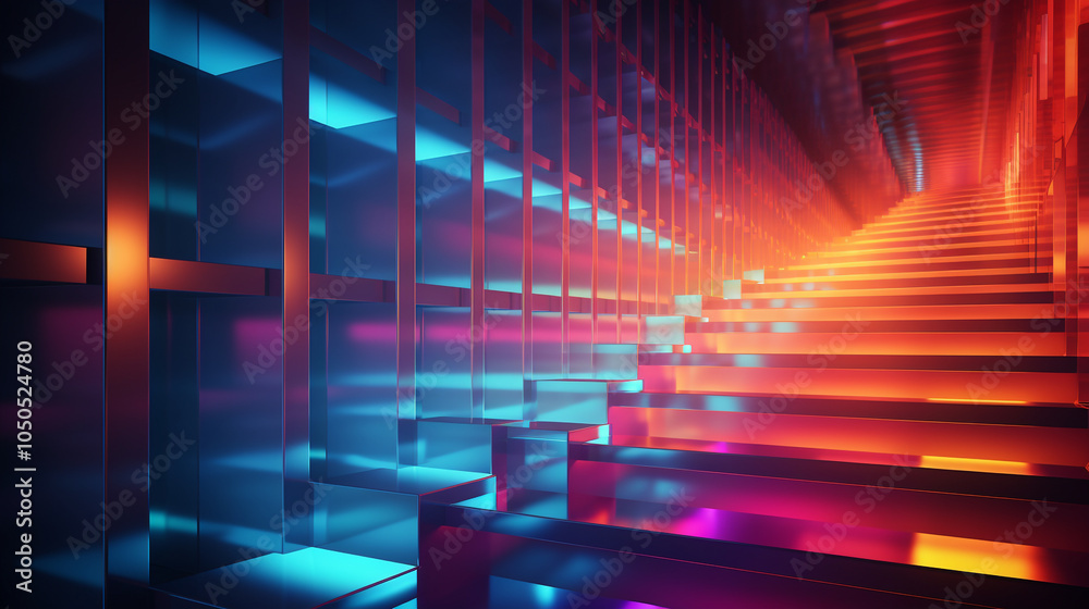 Fototapeta premium Futuristic gradient staircase with vibrant neon lights in abstract corridor