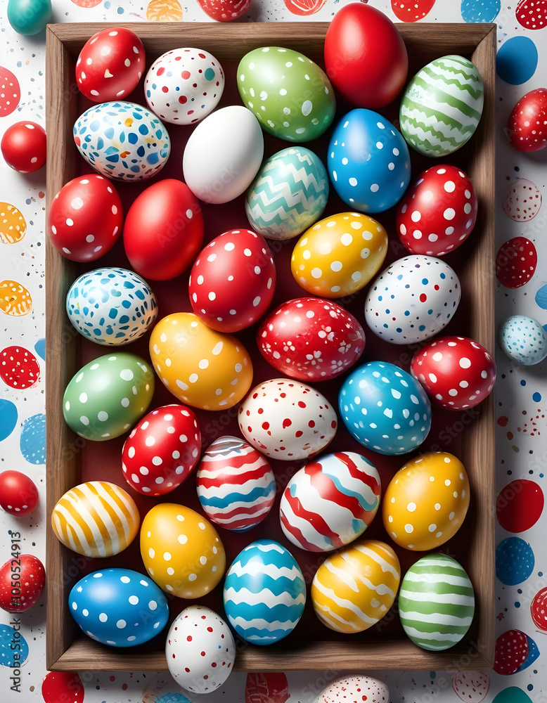 Fototapeta premium colorful Easter eggs, Watercolor cute a basket of easter eggs isolated on white, image of a beautifully crafted Easter basket with vibrant, colorful hand-painted Easter eggs, 