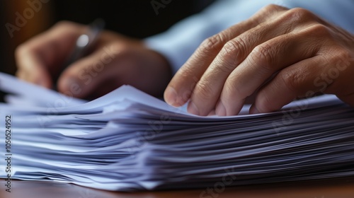 A hand holding papers, writing and signing contracts. Office environment. Papers in white.