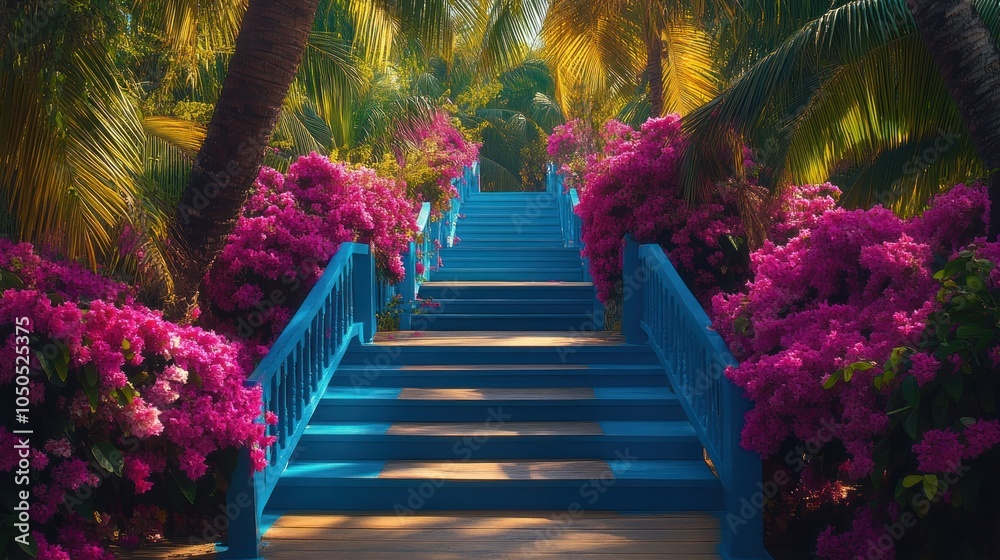 Blue wooden steps leading up through a lush tropical garden with vibrant pink flowers on either side. Blue wooden steps leading up through a lush tropical garden with vibrant pink flowers on either side.