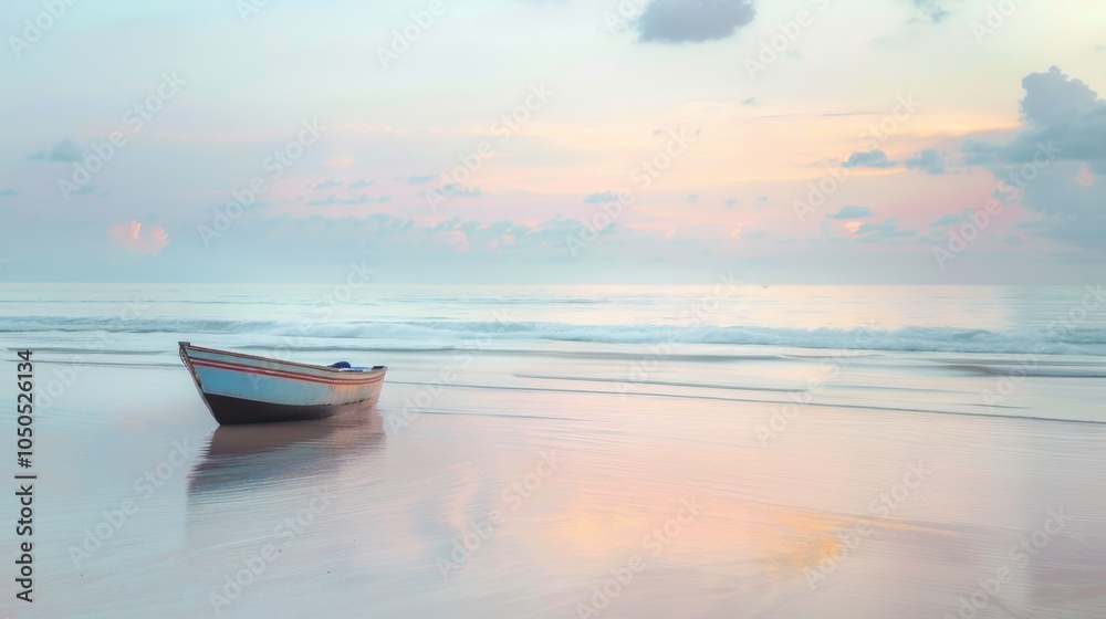 Naklejka premium A serene beach with a traditional fishing boat anchored in shallow waters, surrounded by gentle waves and a pastel-colored sky at dawn, tranquil setting with beachside charm
