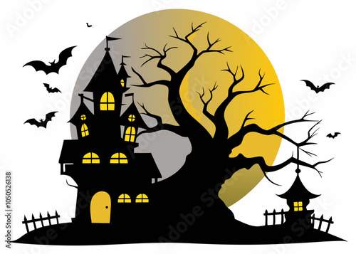 Silhouette vector of a spooky Halloween house haunting illustration with bats flying around, a large full moon in the background