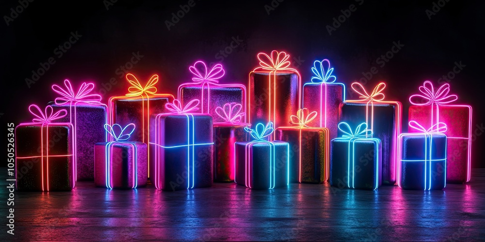 3d neon gifts on black background, generative ai 3d neon gifts on black background, generative ai