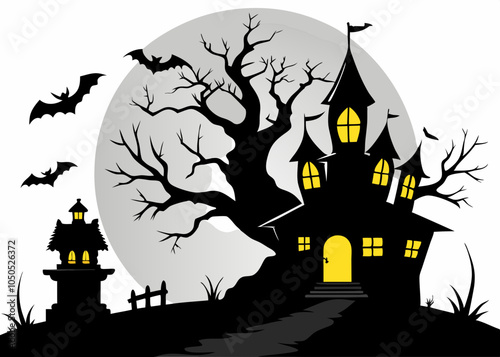 Silhouette vector of a spooky Halloween house haunting illustration with bats flying around, a large full moon in the background