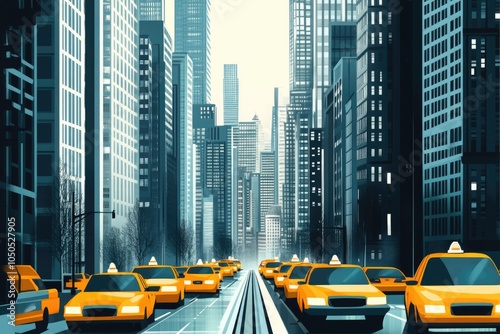 Urban scene with many yellow taxis on a busy city street photo