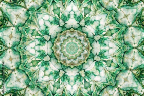 Extreme Close-Up abstract pattern of a symmetric green and white marble like shape kaleidoscope mosaic photo