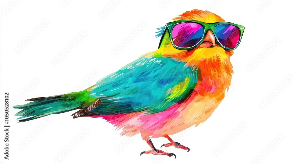 Obraz premium Colorful bird with sunglasses isolated on white background. Illustration for cover, card, postcard, interior design, banner, poster, brochure or presentation.