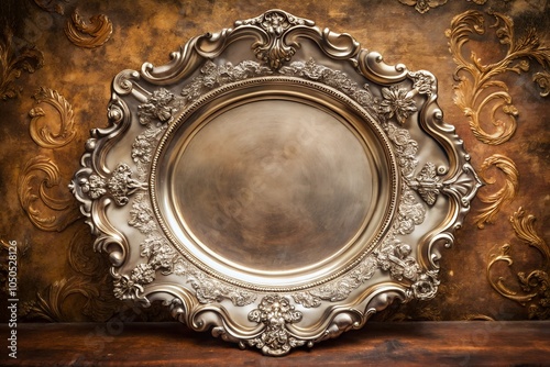  Luxurious antique silver plate with floral motifs against an ornate wall, offering a richly detailed vintage background for high-end designs.