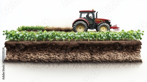3D cut of a farming field with crops cultivated by a tractor, revealing soil layers, rich earth, and roots. Cut out on a white background