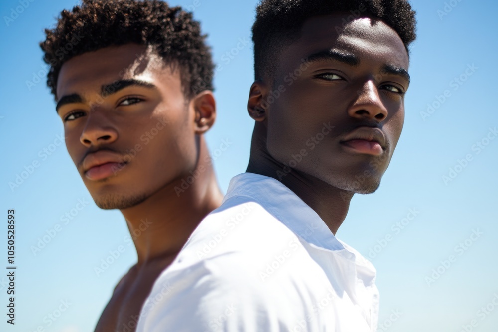 Two young adults standing side by side, possibly friends or colleagues Two young adults standing side by side, possibly friends or colleagues