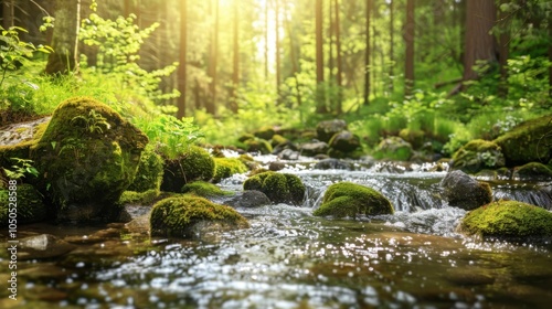 A serene forest creek flowing through moss-covered rocks and lush greenery, Nature setting with tranquility, Serene style