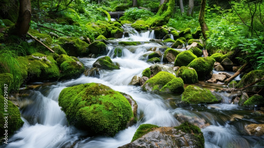 A serene forest stream flowing through moss-covered rocks and vibrant greenery, Nature setting with tranquility, Serene style A serene forest stream flowing through moss-covered rocks and vibrant greenery, Nature setting with tranquility, Serene style