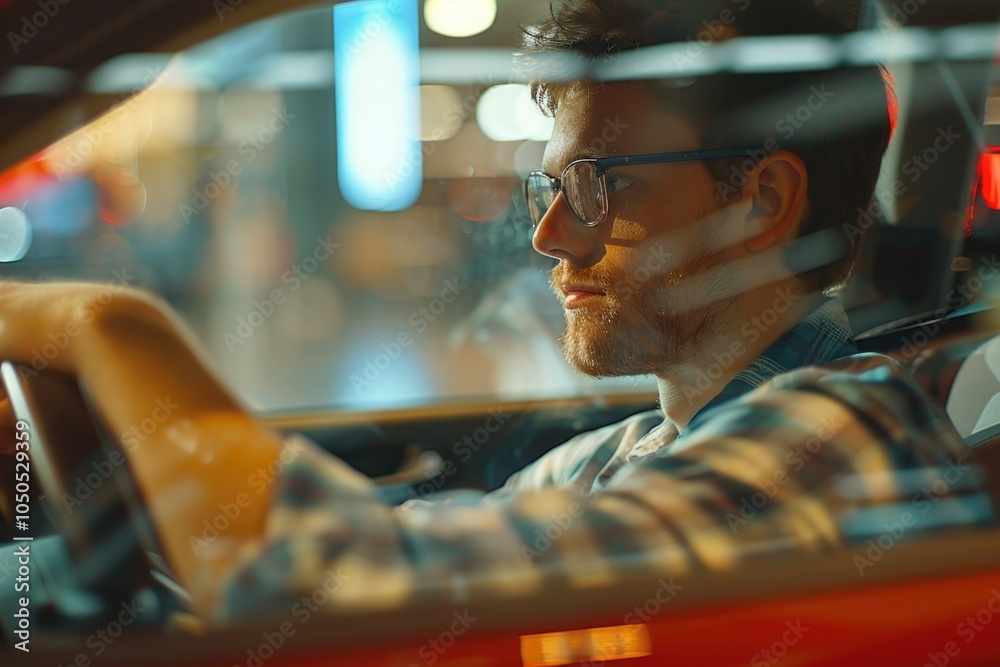A person driving a red vehicle under the nighttime sky A person driving a red vehicle under the nighttime sky