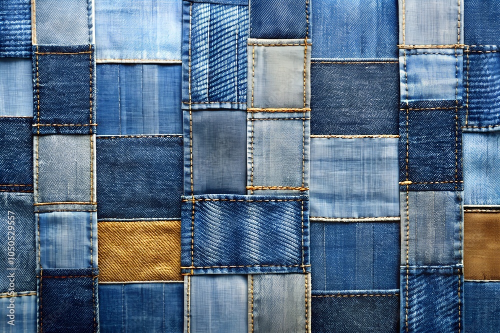 Detailed denim patchwork background with various shades of blue fabric and visible stitches, adding depth and style. Ideal for background use in artistic projects.