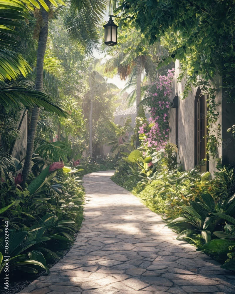 Obraz premium Tranquil villa path with lush plant decoration. Generative AI image