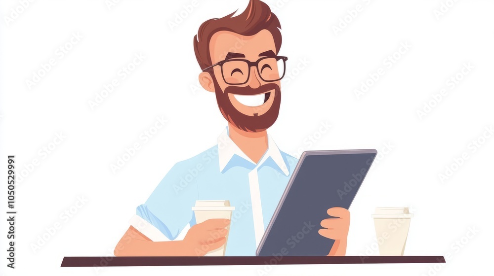 Happy smart causal businessman with tablet at office drinking coffee. Happy smart causal businessman with tablet at office drinking coffee.