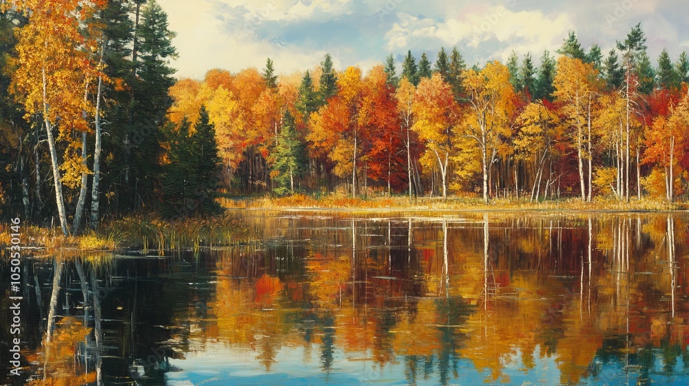 Fototapeta premium Russian Lake Reflecting Fall Colors 