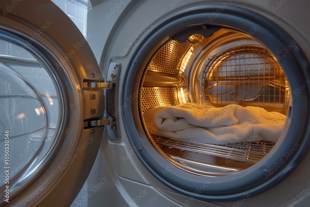 Modern washing machine with open door showing drying towel inside, ready for domestic work Modern washing machine with open door showing drying towel inside, ready for domestic work