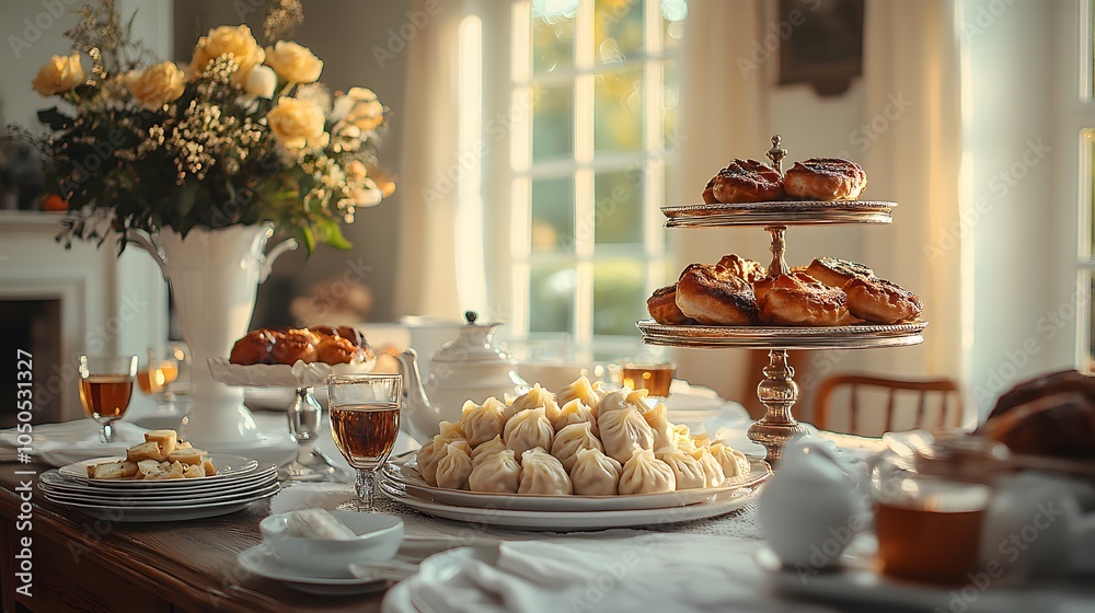 Naklejka premium Assorted dumplings served on a large plate with dipping sauces, symbolizing abundance for New Year Eve