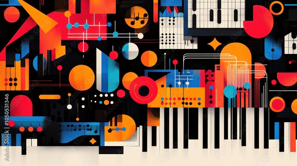 Obraz premium Abstract geometric illustration with piano keys, musical notes, and colorful shapes on a black background.