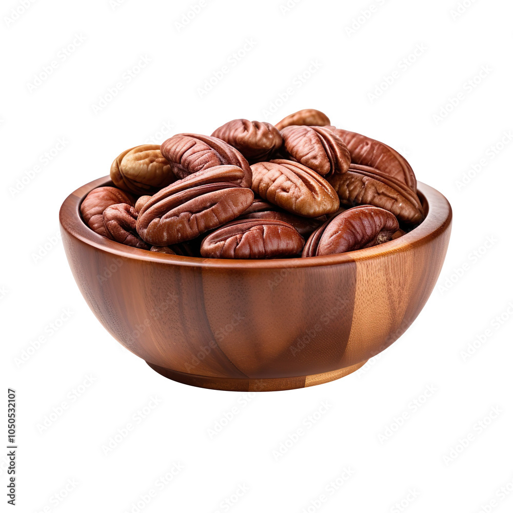 Pecans in wooden bowl isolated on transparent background Pecans in wooden bowl isolated on transparent background