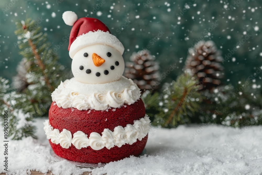 Fototapeta premium Christmas-themed red velvet cake concept. A festive red velvet cake topped with a smiling snowman wearing a Santa hat set against a snowy backdrop with pine cones