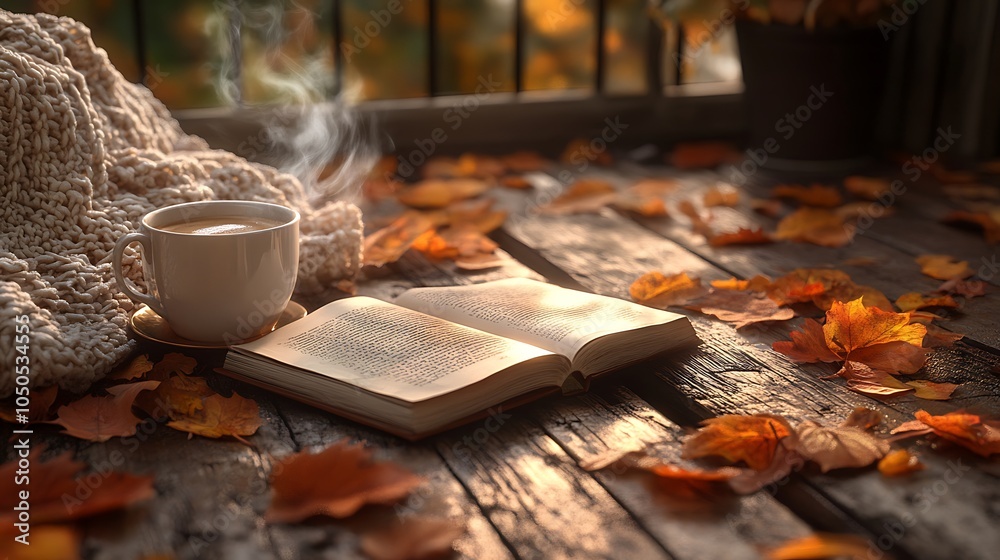 A cozy autumn scene on a terrace, with a steaming coffee cup placed beside an open book and a soft blanket. The wooden floor is covered in scattered autumn leaves, A cozy autumn scene on a terrace, with a steaming coffee cup placed beside an open book and a soft blanket. The wooden floor is covered in scattered autumn leaves,