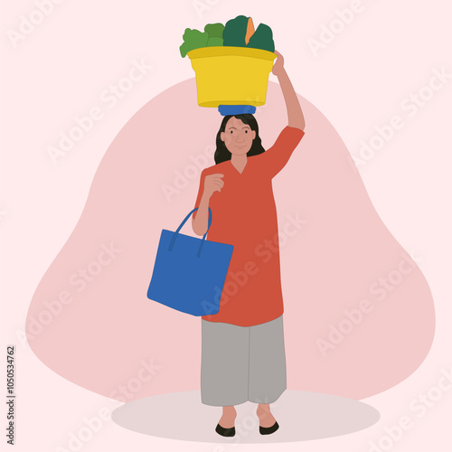 A woman carrying a bucket of vegetables on his head illustration