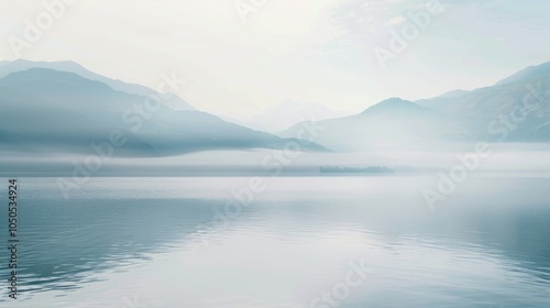 A serene lake with misty mountains, outdoor setting with dawn colors, Tranquil style