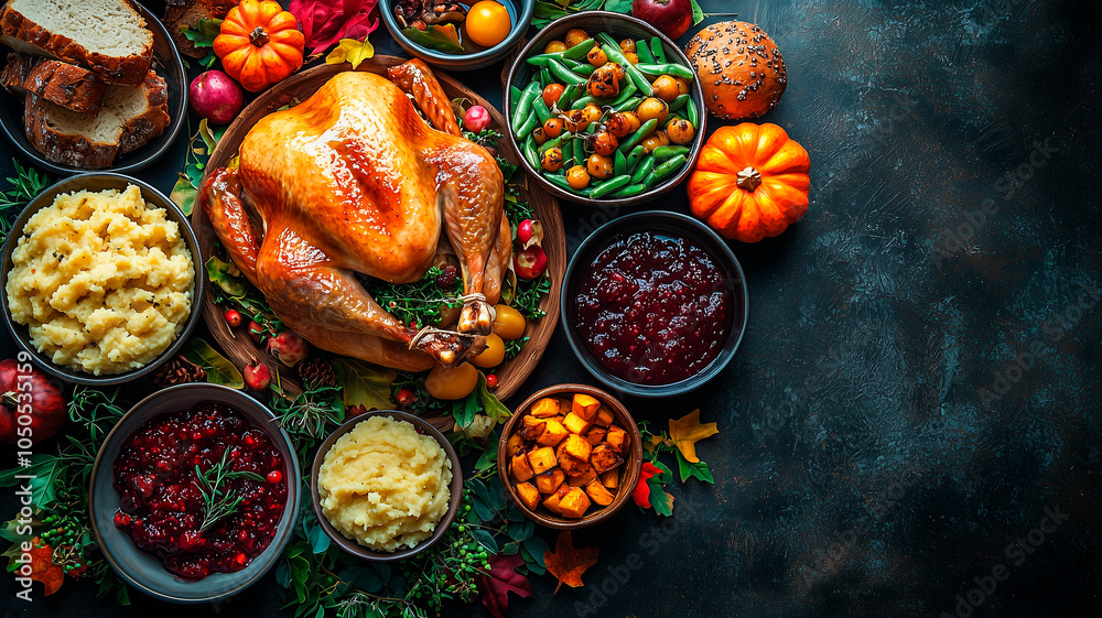 Fototapeta premium Beautifully Decorated Thanksgiving Dinner Table with Turkey and Fall Harvest Arrangement