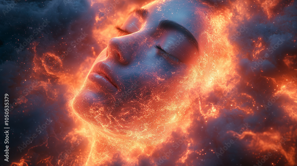 serene female face emerges from a fiery nebula, surrounded by intricate fractal patterns and glowing embers serene female face emerges from a fiery nebula, surrounded by intricate fractal patterns and glowing embers