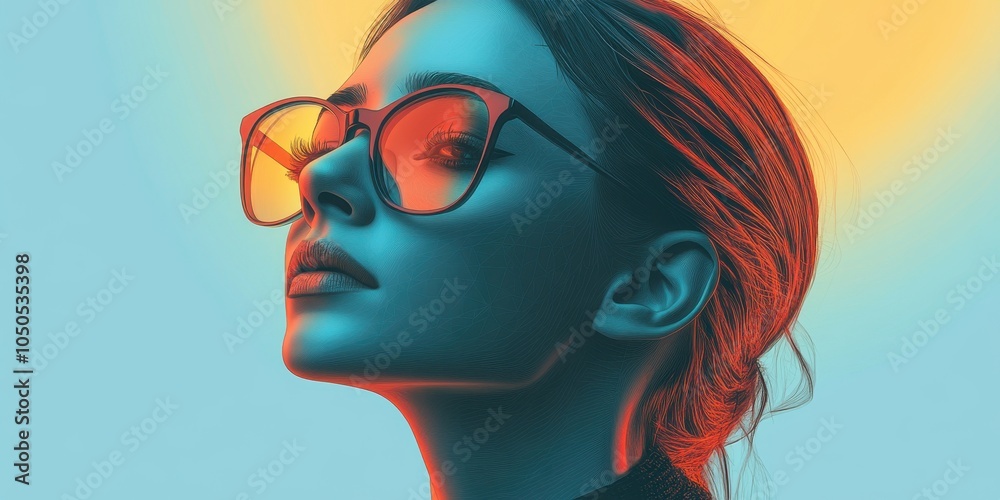 Woman with Reflective Glasses Staring Thoughtfully. Generative AI image Woman with Reflective Glasses Staring Thoughtfully. Generative AI image
