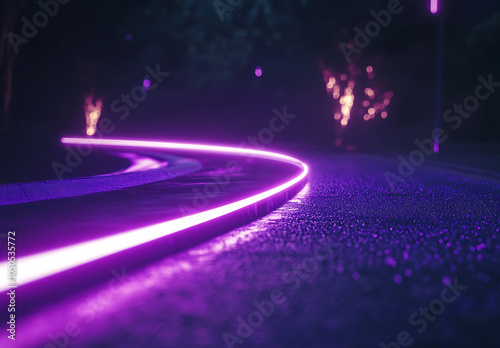 Abstract background with purple light lines and motion blur on a dark surface, featuring a curved road to represent speed and innovation in technology concepts.