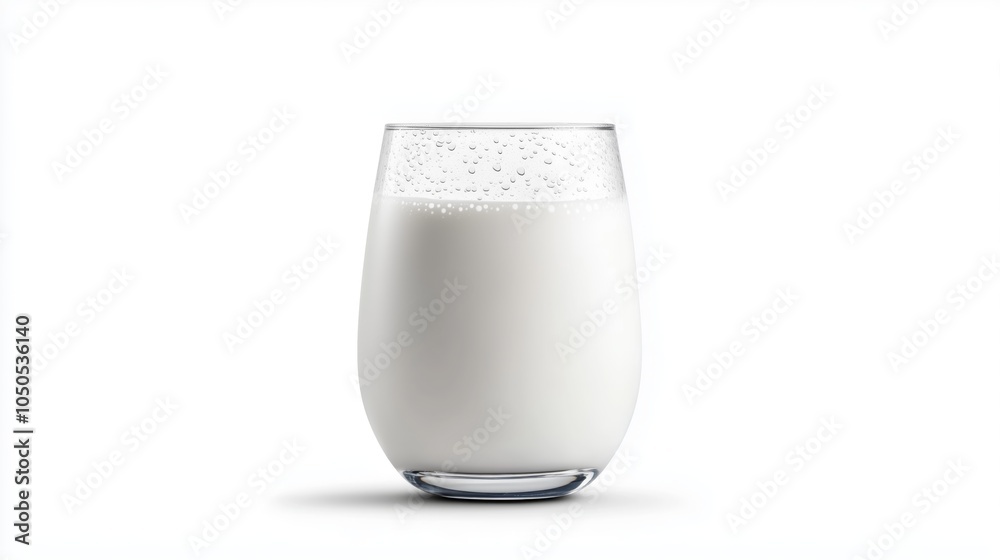 A glass of creamy milk with condensation on the outside, isolated on white background