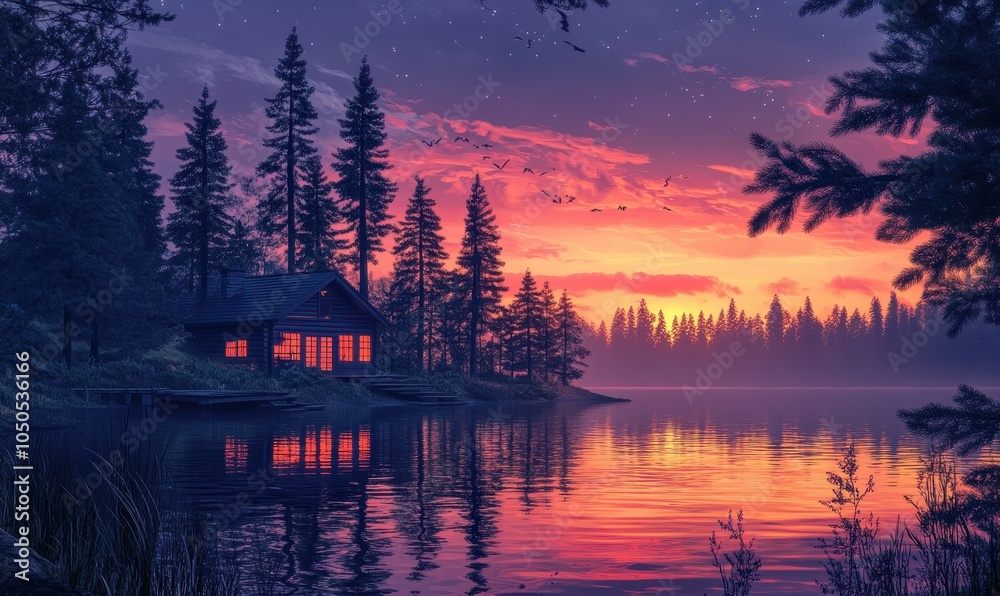 Fototapeta premium Serene lakeside cabin among pine trees at sunset. Generative AI image