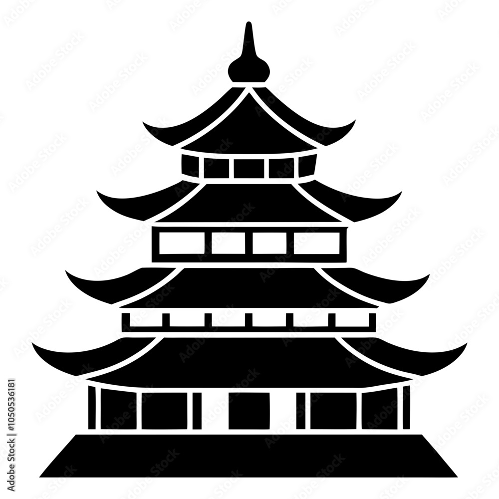 Fototapeta premium Chinese house black silhouette on white background Chinese national building pagoda Vector drawing