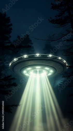 Group of people witness an illuminated UFO hovering above a misty forest clearing, emitting beams of light, vertical video