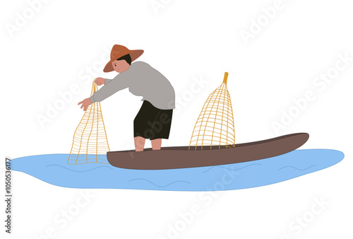 Traditional fisherman spreading net to catch fish illustration