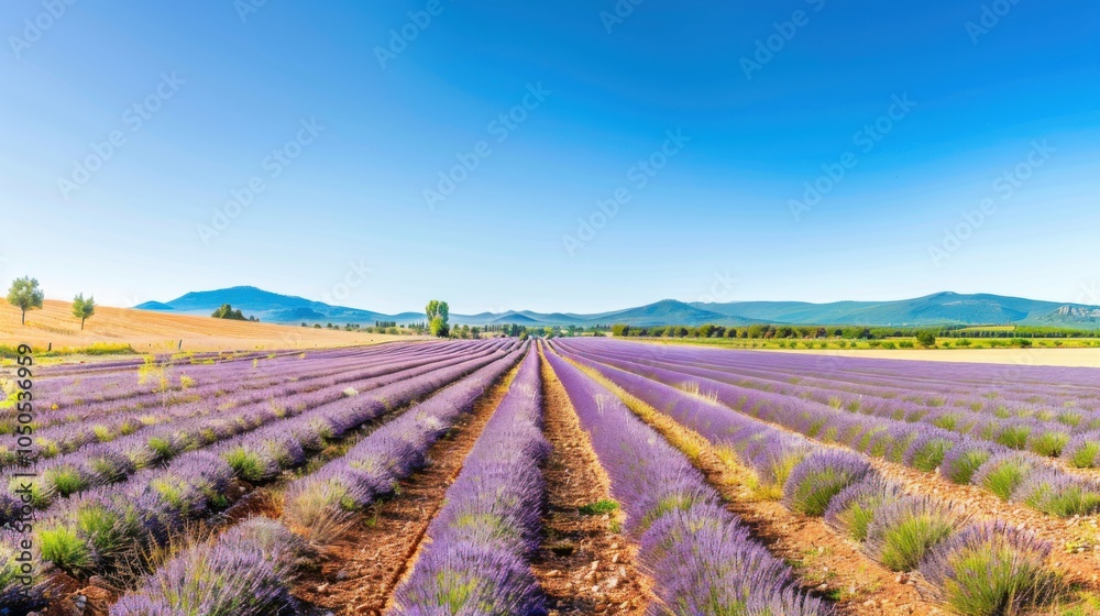 A serene lavender field in Provence with rows of purple flowers under a clear summer sky, countryside setting with vibrant colors, Tranquil style A serene lavender field in Provence with rows of purple flowers under a clear summer sky, countryside setting with vibrant colors, Tranquil style