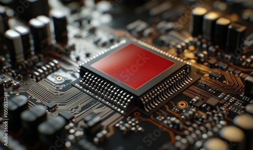 Detailed close-up of advanced integrated circuit board with prominent red processor chip, showcasing modern technology and microelectronics engineering, Generative AI