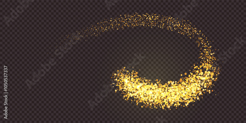 Golden glitter dust swirl as a firework or comet swoosh. Gold element. Magic light trail. Sparkling festive element of design. Abstract vector illustration with overlay effect.