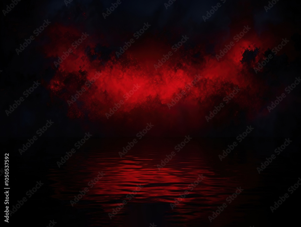 Obraz premium Horror Poster Design with Red Cloud and Black River Dark Water Background