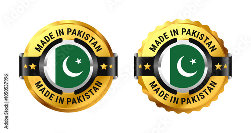 Made in Pakistan or Pakistani label icon a gold circle with a picture of a flag in the middle. For logo, flag, stamp, label, badge, mark, sign, product, etc. Modern and minimalist. Vector Illustration