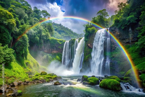 Lush forest with rainbow above a waterfall