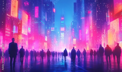 Futuristic City Street Scene with Crowd Walking, Neon Lights, Cyberpunk Digital Art, Evening Urban Landscape, Atmospheric Sci-Fi Illustration, Generative AI