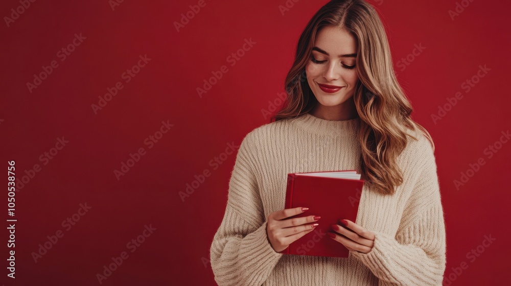 Half body shot of a Dutch woman in a beige cashmere sweater, holding a holiday-themed shopping catalog, with a soft cranberry-red studio backdrop, Christmas catalog, festive advertising Half body shot of a Dutch woman in a beige cashmere sweater, holding a holiday-themed shopping catalog, with a soft cranberry-red studio backdrop, Christmas catalog, festive advertising
